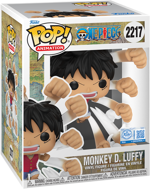 فانکو پاپ مانکی دی لوفی شماره 2217 اورجینال از انیمه One Piece با جلیقه قرمز و افکت مشتهای زنجیرهای گام گام گتلینگ