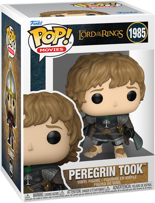 فانکو پاپ پرگرین توک پیپین شماره 1985 اورجینال از فیلم Lord of the Rings با موهای فر قهوه‌ای، جلیقه هابیتی و شمشیر به دست