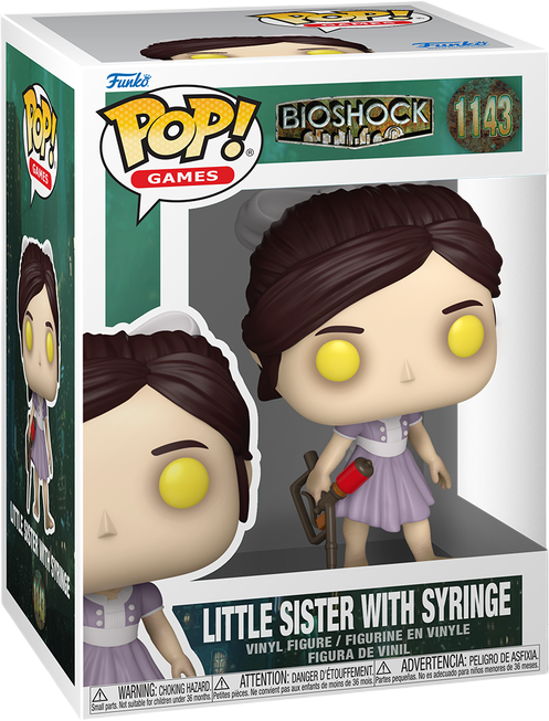 فانکو پاپ لیتل سیستر شماره 1143 اورجینال از بازی BioShock با پیراهن یاسی کثیف، چشمان زرد درخشان و سرنگ بزرگ جمع‌آوری آدام