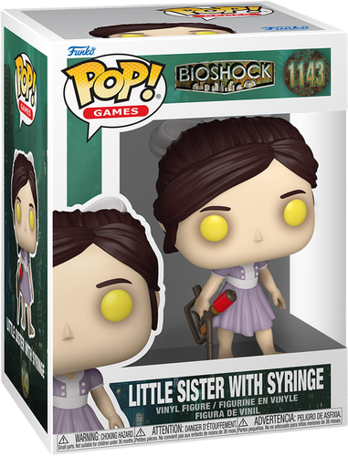 فانکو پاپ لیتل سیستر شماره 1143 اورجینال از بازی BioShock با پیراهن یاسی کثیف، چشمان زرد درخشان و سرنگ بزرگ جمعآوری آدام
