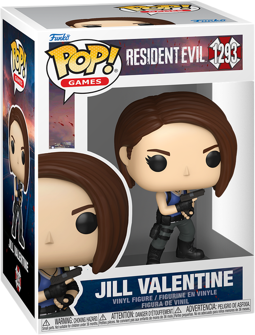 فانکو پاپ جیل ولنتاین شماره 1293 اورجینال از بازی Resident Evil با لباس نمادین آبی و جلیقه تاکتیکال مأمور استارز، کلاه بره و کلت در دست