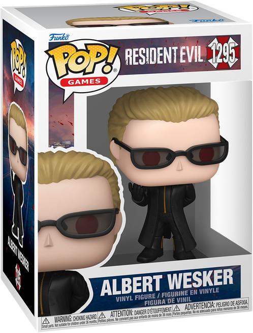 فانکو پاپ آلبرت وسکر شماره 1295 اورجینال از بازی Resident Evil با پالتو و جلیقه تاکتیکال تیره، عینک آفتابی مشکی و ژست ایستاده مقتدرانه