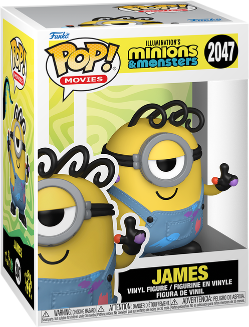 فانکو پاپ مینیون جیمز شماره 2047 اورجینال از انیمیشن Minions با بدنه کپسولی زرد، لباس سرهمی کتان آبی، عینک فلزی مینیونی و دستکشهای سیاه