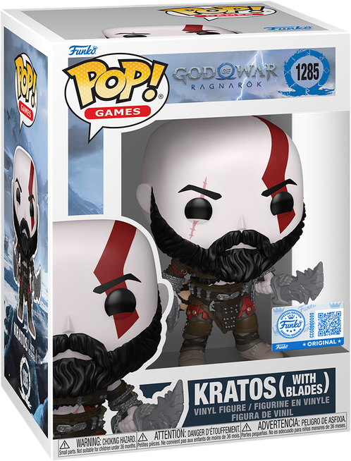 فانکو پاپ کریتوس شماره 1285 اورجینال از بازی God of War با خط قرمز روی صورت و بدنه، ریش بلند، و تیغه‌های آشوب Blades of Chaos در دستان