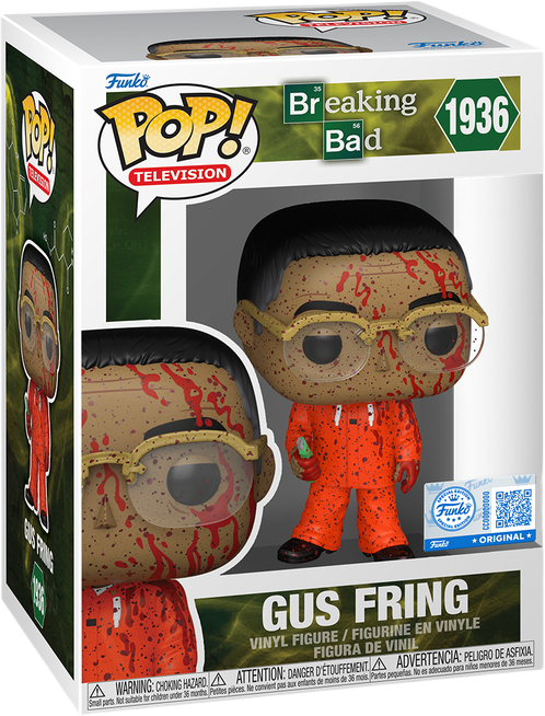 فانکو پاپ گاس فرینگ با موکت بر خونین Gus Fring with Box Cutter Bloody شماره 1936 اورجینال از سریال Breaking Bad با موکت‌بر در دست و لکه‌های خون روی لباس