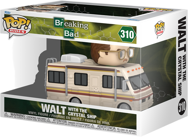 فانکو پاپ رایدز والتر وایت و کمپر کریستال شیپ The Crystal Ship شماره 310 اورجینال از Breaking Bad با ماشین RV بیابانی و سوراخ گلوله‌ها روی در