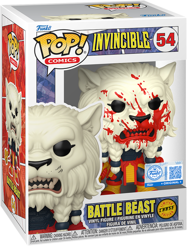 فانکو پاپ بتل بیست Battle Beast نسخه محدود چیس Chase شماره 54 اورجینال از انیمیشن Invincible با چهره شیری، افکتهای خون روی زره و سلاح و استیکر Chase