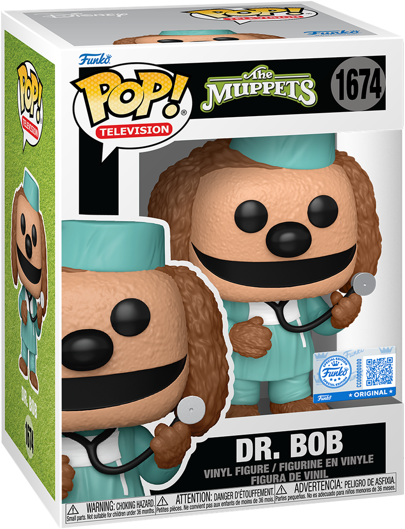 فانکو پاپ دکتر باب Dr. Bob شماره 1674 اورجینال از مجموعه The Muppets با لباس جراحی فیروزه‌ای، کلاه پزشکی و استتوسکوپ دور گردن
