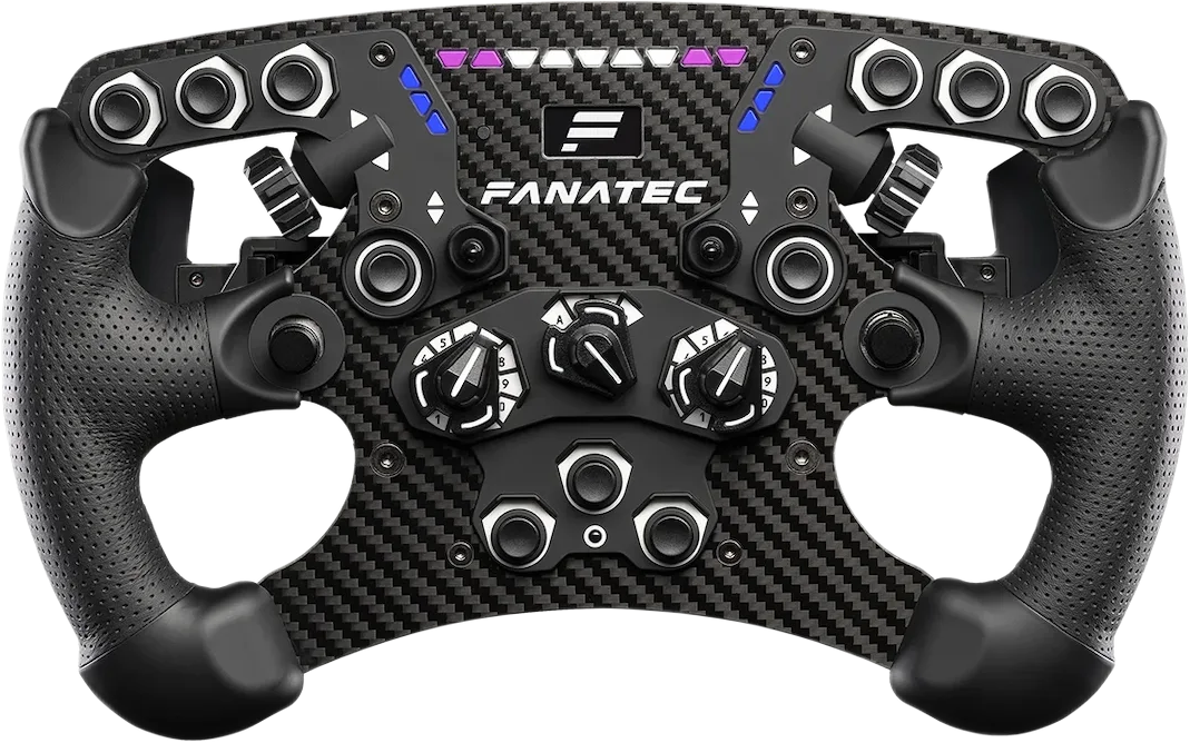 فرمان سیم ریسینگ فاناتک Fanatec Formula V2.5 اورجینال با بدنه فیبر کربن ۵ میلی‌متری، دستگیره‌های چرمی، نمایشگر OLED و پدل شیفترهای فلزی