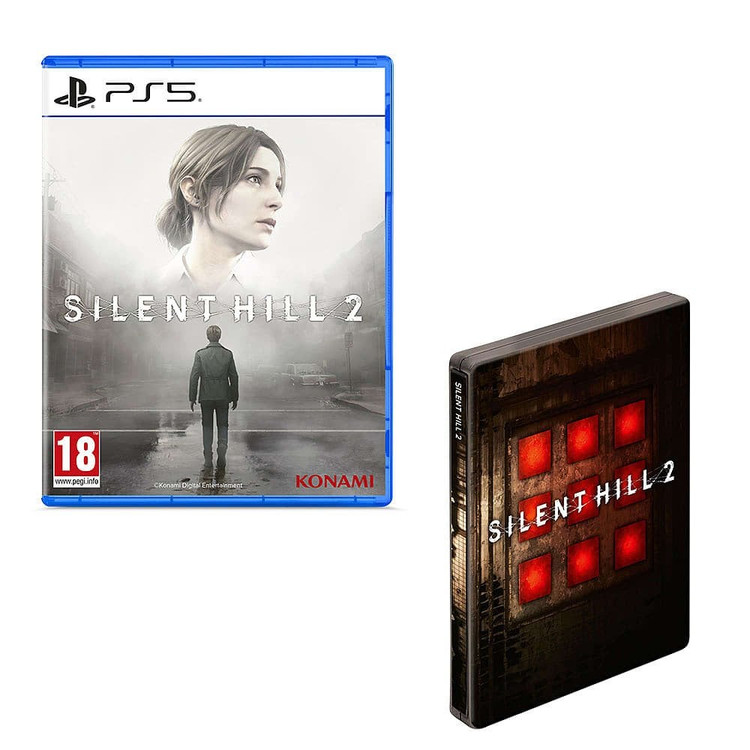 قاب فلزی کلکسیونی استیل بوک بازی Silent Hill 2 Remake PS5 با طرح مهآلود شهر سایلنت هیل و لوگوی رسمی Konami