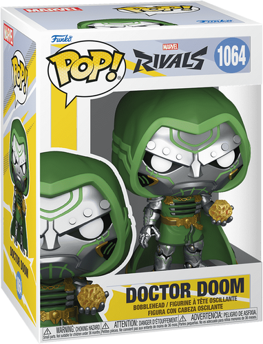 فیگور فانکو پاپ اورجینال شماره ۱۰۶۴ کاراکتر Doctor Doom از بازی Marvel Rivals با ماسک فلزی نقرهای، شنل سبز سلطنتی و زره زری