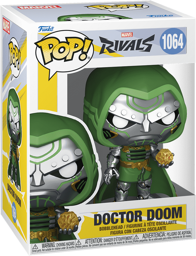 فیگور فانکو پاپ اورجینال شماره ۱۰۶۴ کاراکتر Doctor Doom از بازی Marvel Rivals با ماسک فلزی نقرهای، شنل سبز سلطنتی و زره زری