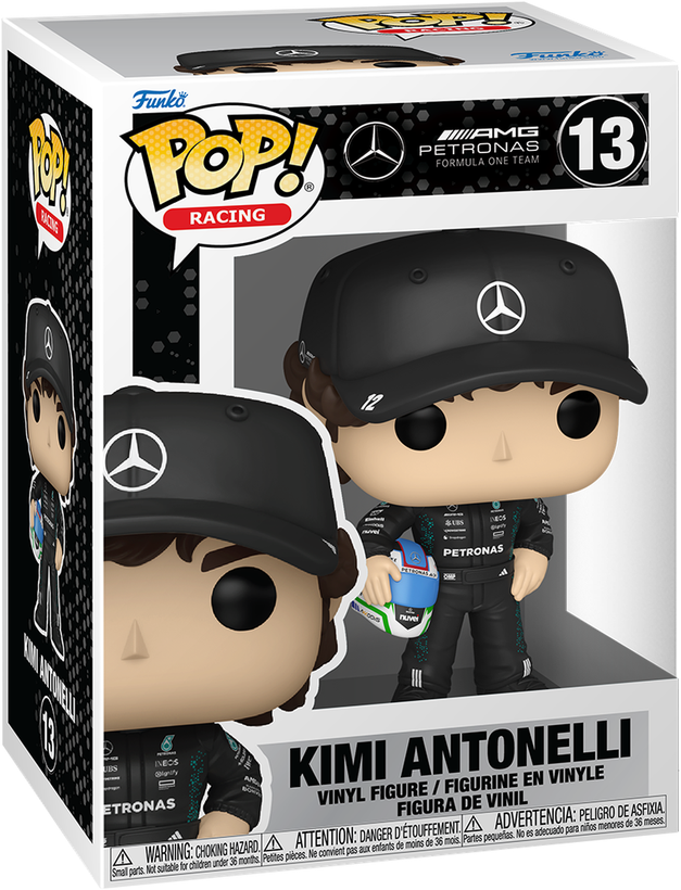فیگور فانکو پاپ اورجینال شماره ۱۳ کاراکتر Kimi Antonelli با لباس مسابقهای سفید و فیروزهای تیم Mercedes-AMG Petronas F1